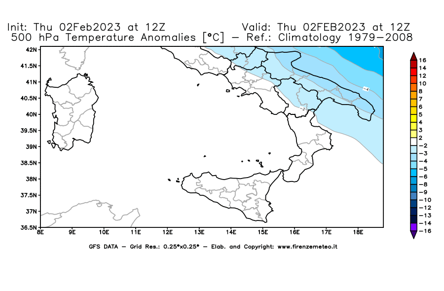 Mappa di analisi GFS - Anomalia Temperatura [°C] a 500 hPa in Sud-Italia
							del 02/02/2023 12 <!--googleoff: index-->UTC<!--googleon: index-->