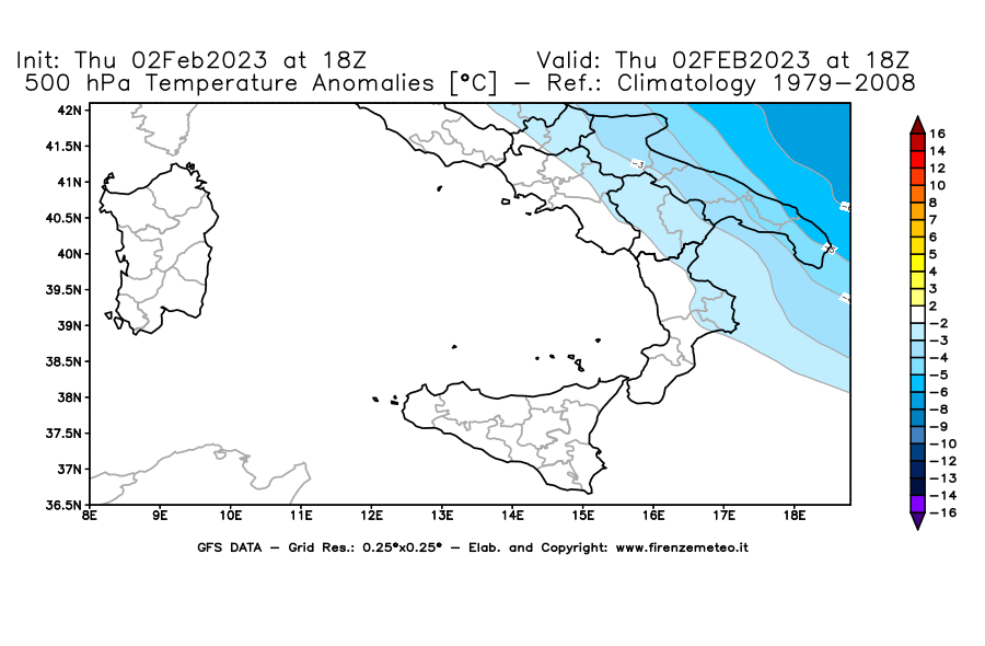 Mappa di analisi GFS - Anomalia Temperatura [°C] a 500 hPa in Sud-Italia
							del 02/02/2023 18 <!--googleoff: index-->UTC<!--googleon: index-->