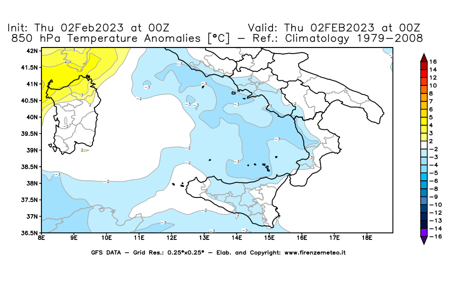 Mappa di analisi GFS - Anomalia Temperatura [°C] a 850 hPa in Sud-Italia
							del 02/02/2023 00 <!--googleoff: index-->UTC<!--googleon: index-->