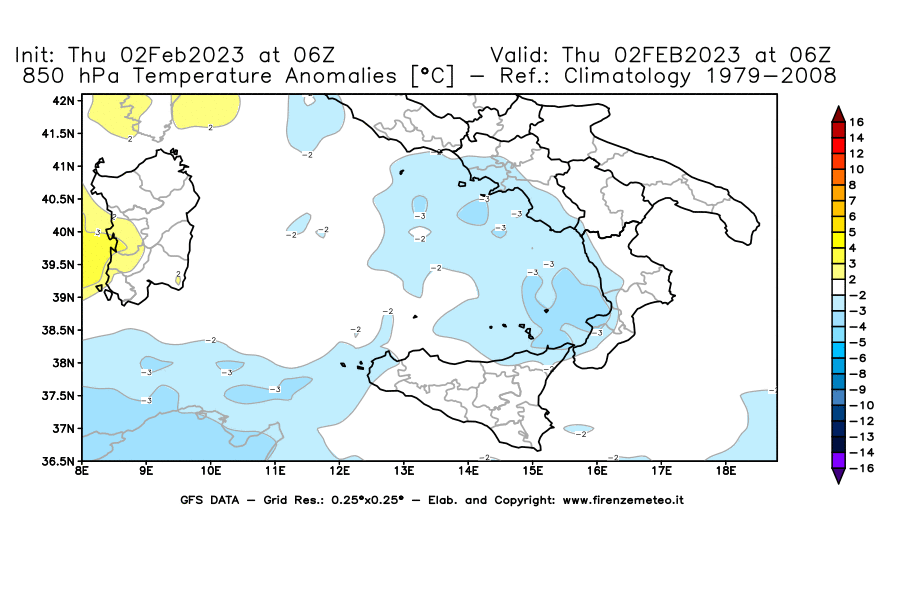 Mappa di analisi GFS - Anomalia Temperatura [°C] a 850 hPa in Sud-Italia
							del 02/02/2023 06 <!--googleoff: index-->UTC<!--googleon: index-->