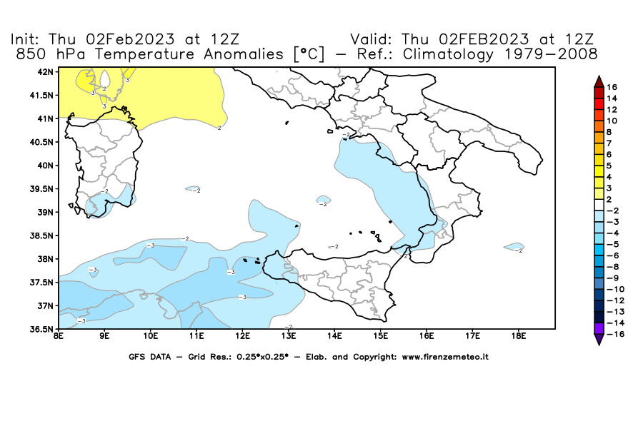 Mappa di analisi GFS - Anomalia Temperatura [°C] a 850 hPa in Sud-Italia
							del 02/02/2023 12 <!--googleoff: index-->UTC<!--googleon: index-->