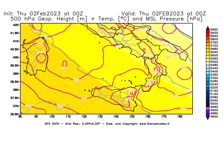 Mappa di analisi GFS - Geopotenziale [m] + Temp. [°C] a 500 hPa + Press. a livello del mare [hPa] in Sud-Italia
							del 02/02/2023 00 <!--googleoff: index-->UTC<!--googleon: index-->