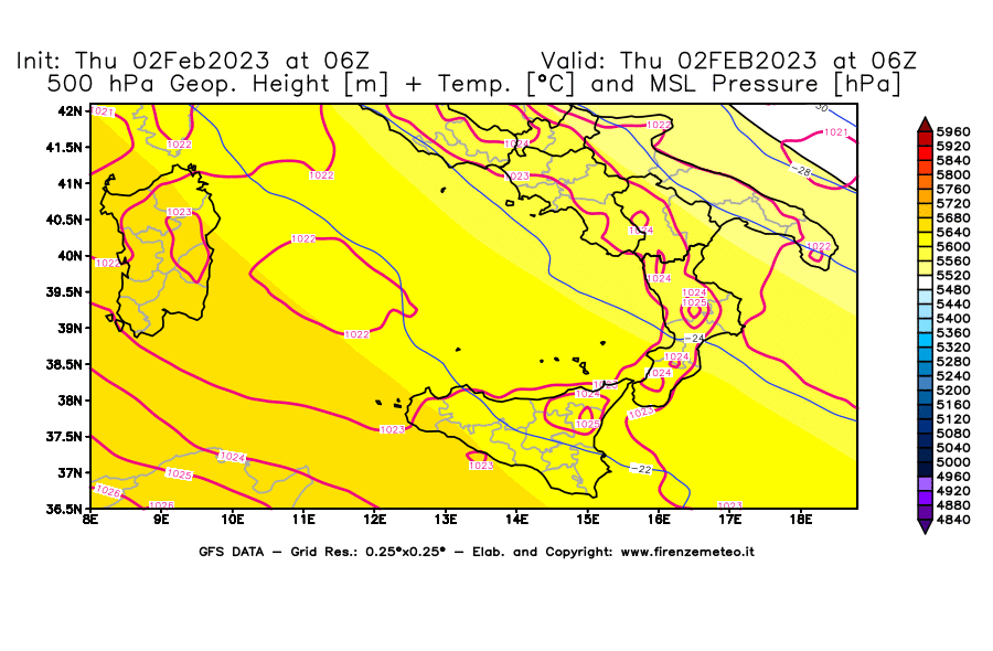 Mappa di analisi GFS - Geopotenziale [m] + Temp. [°C] a 500 hPa + Press. a livello del mare [hPa] in Sud-Italia
							del 02/02/2023 06 <!--googleoff: index-->UTC<!--googleon: index-->