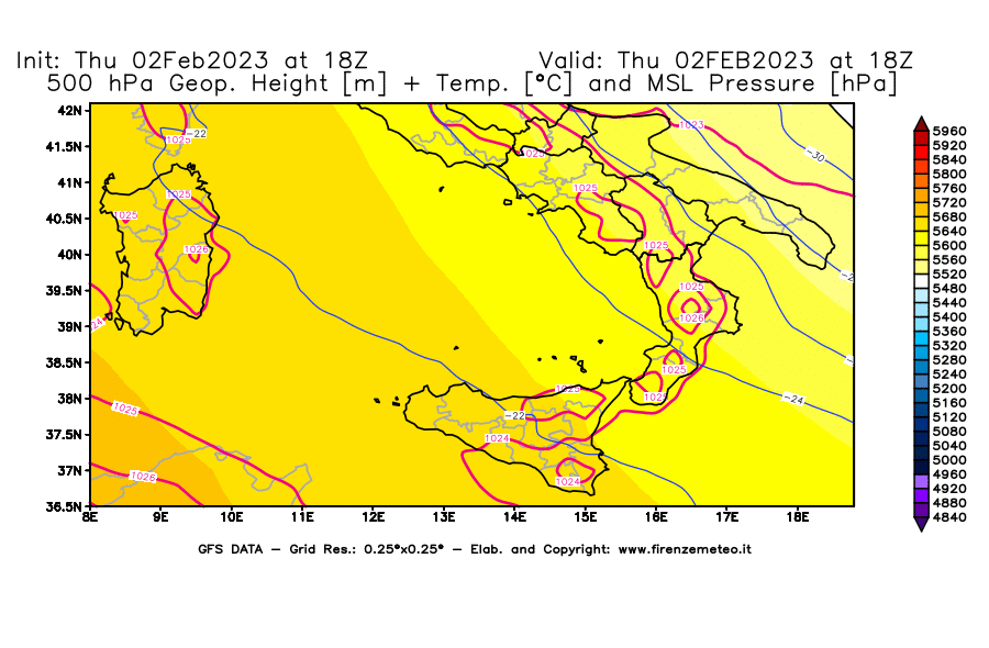Mappa di analisi GFS - Geopotenziale [m] + Temp. [°C] a 500 hPa + Press. a livello del mare [hPa] in Sud-Italia
							del 02/02/2023 18 <!--googleoff: index-->UTC<!--googleon: index-->