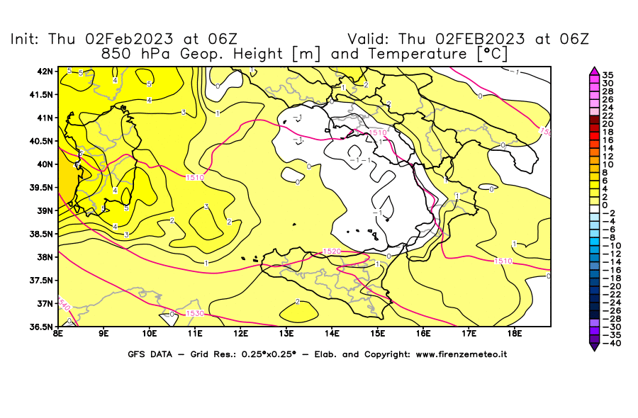 Mappa di analisi GFS - Geopotenziale [m] e Temperatura [°C] a 850 hPa in Sud-Italia
							del 02/02/2023 06 <!--googleoff: index-->UTC<!--googleon: index-->