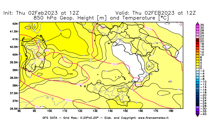 Mappa di analisi GFS - Geopotenziale [m] e Temperatura [°C] a 850 hPa in Sud-Italia
							del 02/02/2023 12 <!--googleoff: index-->UTC<!--googleon: index-->