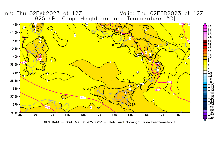 Mappa di analisi GFS - Geopotenziale [m] e Temperatura [°C] a 925 hPa in Sud-Italia
							del 02/02/2023 12 <!--googleoff: index-->UTC<!--googleon: index-->