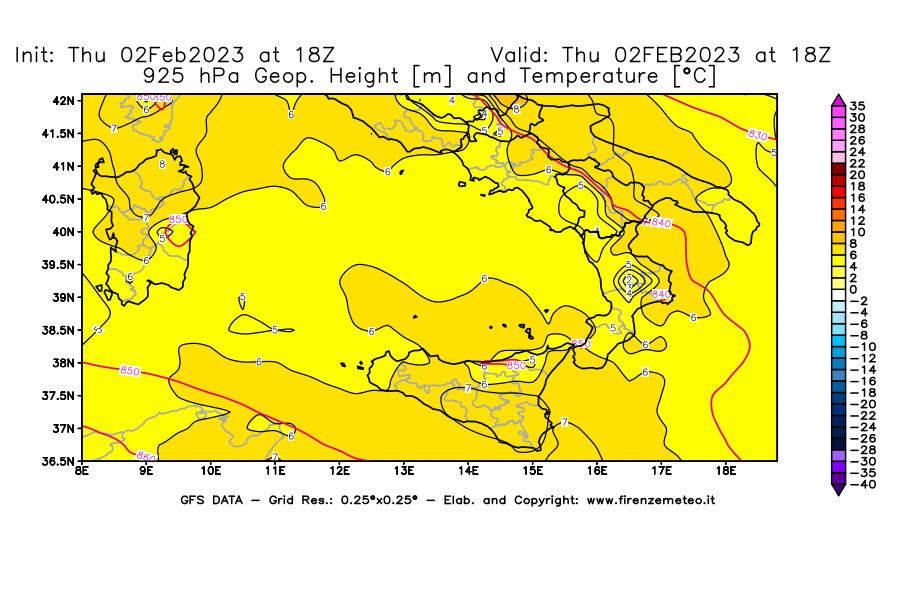 Mappa di analisi GFS - Geopotenziale [m] e Temperatura [°C] a 925 hPa in Sud-Italia
							del 02/02/2023 18 <!--googleoff: index-->UTC<!--googleon: index-->