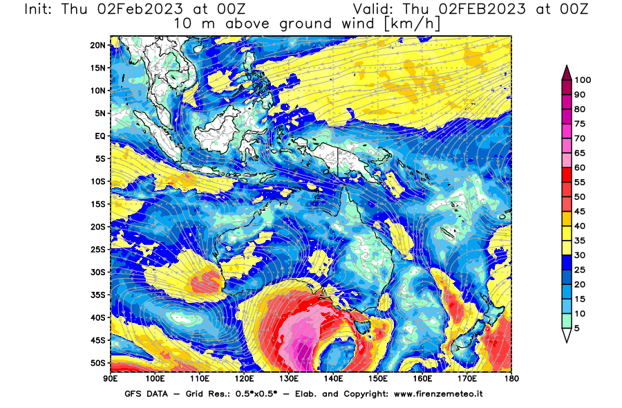 Mappa di analisi GFS - Velocità del vento a 10 metri dal suolo [km/h] in Oceania
							del 02/02/2023 00 <!--googleoff: index-->UTC<!--googleon: index-->
