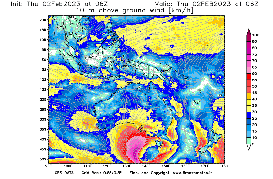 Mappa di analisi GFS - Velocità del vento a 10 metri dal suolo [km/h] in Oceania
							del 02/02/2023 06 <!--googleoff: index-->UTC<!--googleon: index-->