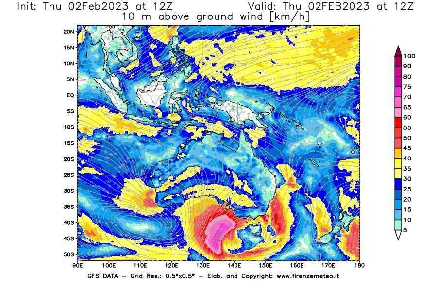 Mappa di analisi GFS - Velocità del vento a 10 metri dal suolo [km/h] in Oceania
							del 02/02/2023 12 <!--googleoff: index-->UTC<!--googleon: index-->