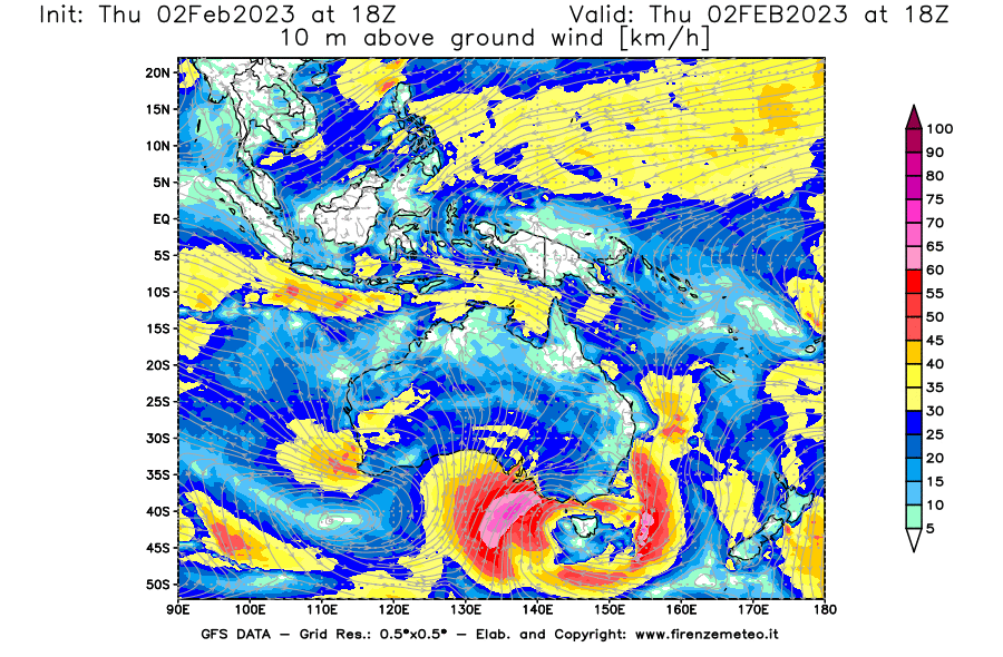 Mappa di analisi GFS - Velocità del vento a 10 metri dal suolo [km/h] in Oceania
							del 02/02/2023 18 <!--googleoff: index-->UTC<!--googleon: index-->