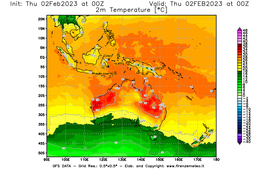 Mappa di analisi GFS - Temperatura a 2 metri dal suolo [°C] in Oceania
							del 02/02/2023 00 <!--googleoff: index-->UTC<!--googleon: index-->