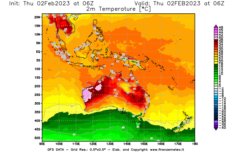 Mappa di analisi GFS - Temperatura a 2 metri dal suolo [°C] in Oceania
							del 02/02/2023 06 <!--googleoff: index-->UTC<!--googleon: index-->