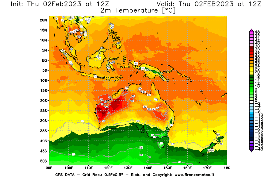 Mappa di analisi GFS - Temperatura a 2 metri dal suolo [°C] in Oceania
							del 02/02/2023 12 <!--googleoff: index-->UTC<!--googleon: index-->