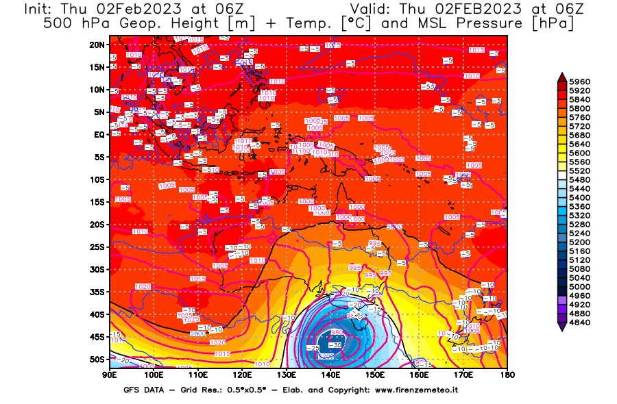 Mappa di analisi GFS - Geopotenziale [m] + Temp. [°C] a 500 hPa + Press. a livello del mare [hPa] in Oceania
							del 02/02/2023 06 <!--googleoff: index-->UTC<!--googleon: index-->