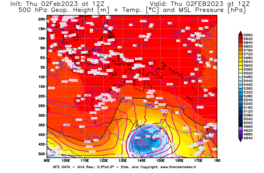 Mappa di analisi GFS - Geopotenziale [m] + Temp. [°C] a 500 hPa + Press. a livello del mare [hPa] in Oceania
							del 02/02/2023 12 <!--googleoff: index-->UTC<!--googleon: index-->