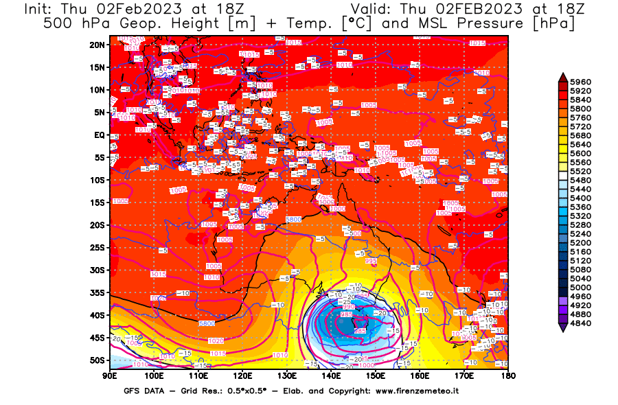 Mappa di analisi GFS - Geopotenziale [m] + Temp. [°C] a 500 hPa + Press. a livello del mare [hPa] in Oceania
							del 02/02/2023 18 <!--googleoff: index-->UTC<!--googleon: index-->