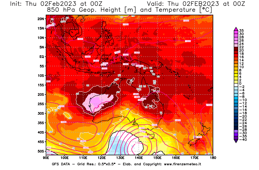Mappa di analisi GFS - Geopotenziale [m] e Temperatura [°C] a 850 hPa in Oceania
							del 02/02/2023 00 <!--googleoff: index-->UTC<!--googleon: index-->
