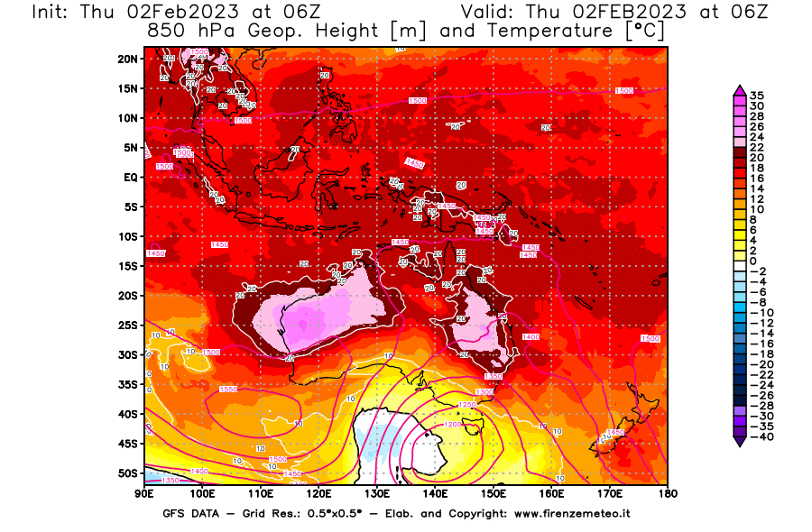 Mappa di analisi GFS - Geopotenziale [m] e Temperatura [°C] a 850 hPa in Oceania
							del 02/02/2023 06 <!--googleoff: index-->UTC<!--googleon: index-->
