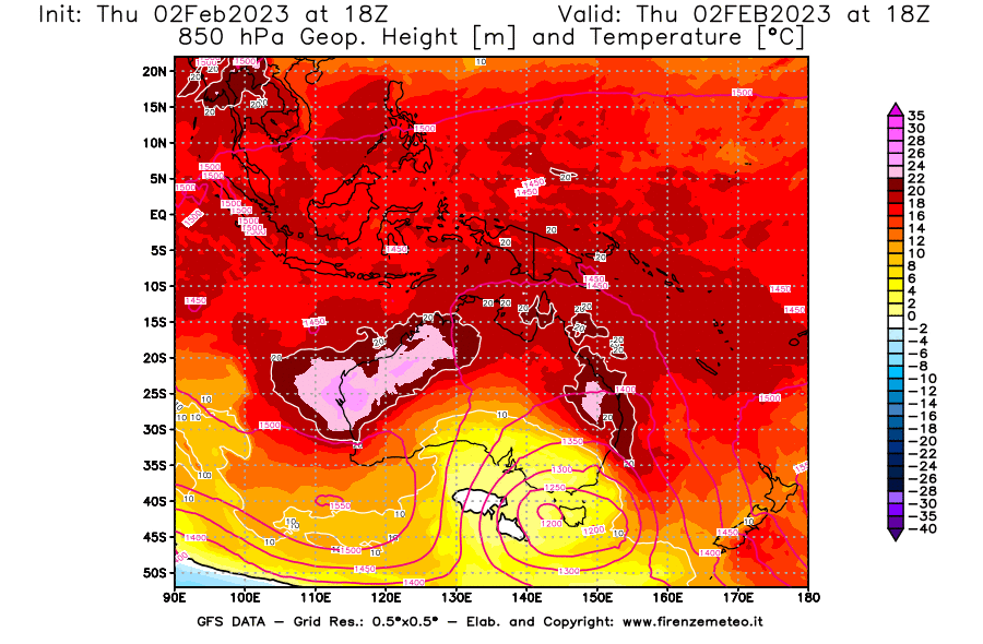 Mappa di analisi GFS - Geopotenziale [m] e Temperatura [°C] a 850 hPa in Oceania
							del 02/02/2023 18 <!--googleoff: index-->UTC<!--googleon: index-->
