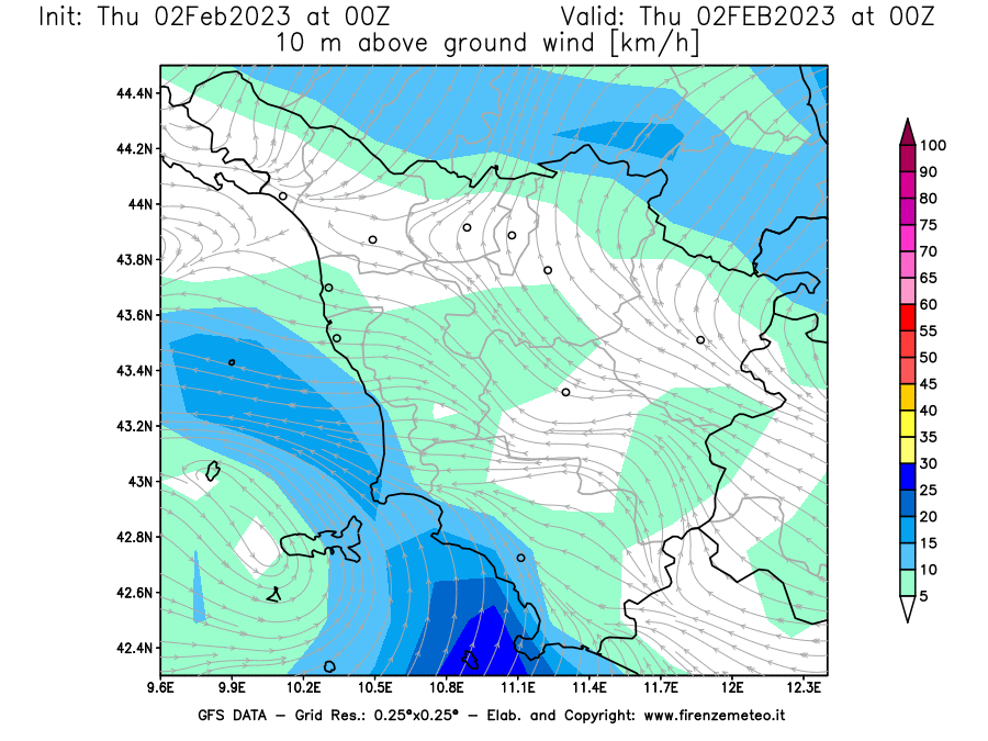 Mappa di analisi GFS - Velocità del vento a 10 metri dal suolo [km/h] in Toscana
							del 02/02/2023 00 <!--googleoff: index-->UTC<!--googleon: index-->
