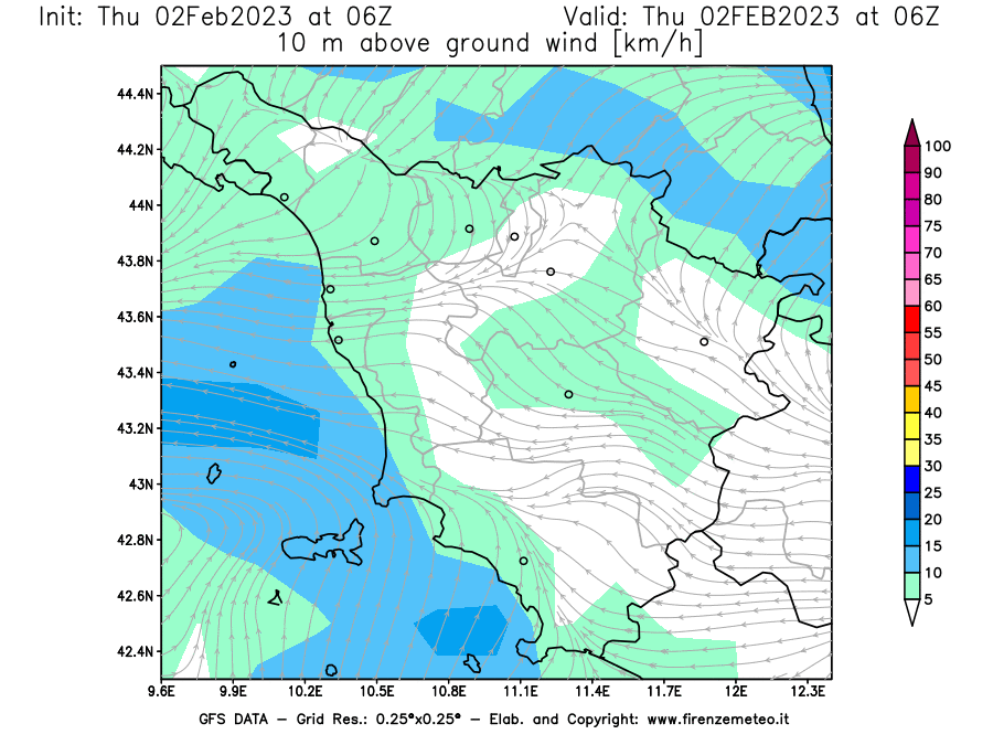Mappa di analisi GFS - Velocità del vento a 10 metri dal suolo [km/h] in Toscana
							del 02/02/2023 06 <!--googleoff: index-->UTC<!--googleon: index-->