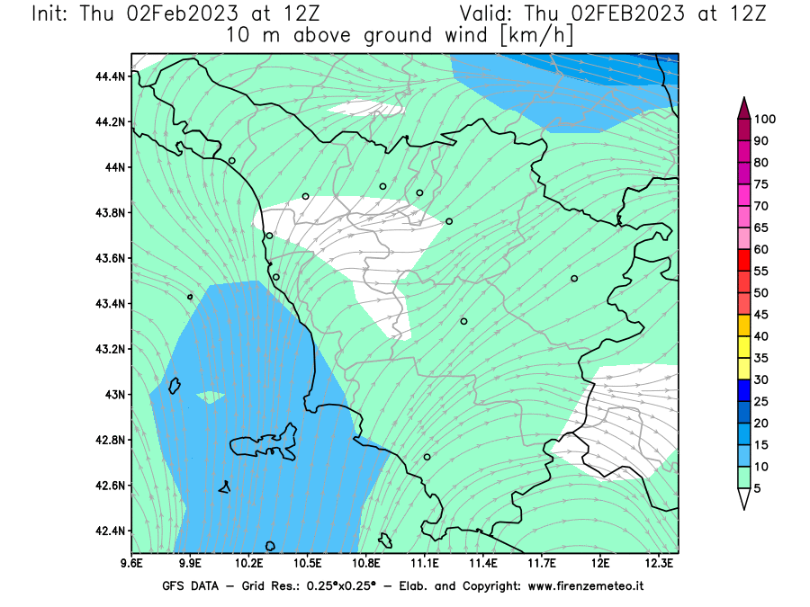 Mappa di analisi GFS - Velocità del vento a 10 metri dal suolo [km/h] in Toscana
							del 02/02/2023 12 <!--googleoff: index-->UTC<!--googleon: index-->