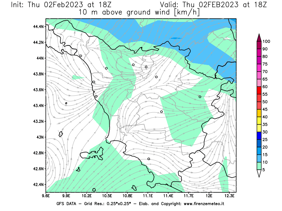 Mappa di analisi GFS - Velocità del vento a 10 metri dal suolo [km/h] in Toscana
							del 02/02/2023 18 <!--googleoff: index-->UTC<!--googleon: index-->