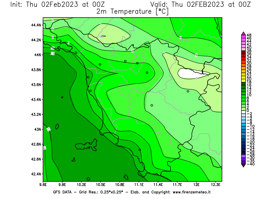 Mappa di analisi GFS - Temperatura a 2 metri dal suolo [°C] in Toscana
							del 02/02/2023 00 <!--googleoff: index-->UTC<!--googleon: index-->