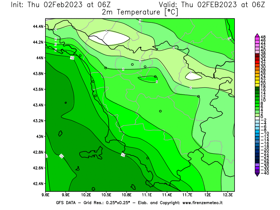 Mappa di analisi GFS - Temperatura a 2 metri dal suolo [°C] in Toscana
							del 02/02/2023 06 <!--googleoff: index-->UTC<!--googleon: index-->