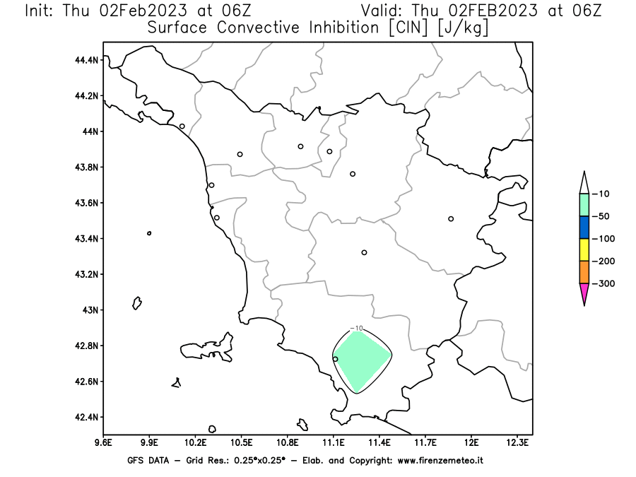 Mappa di analisi GFS - CIN [J/kg] in Toscana
							del 02/02/2023 06 <!--googleoff: index-->UTC<!--googleon: index-->