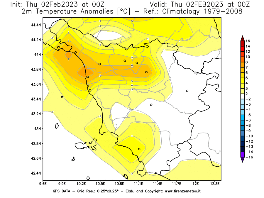 Mappa di analisi GFS - Anomalia Temperatura [°C] a 2 m in Toscana
							del 02/02/2023 00 <!--googleoff: index-->UTC<!--googleon: index-->