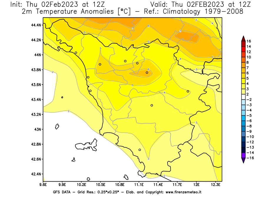 Mappa di analisi GFS - Anomalia Temperatura [°C] a 2 m in Toscana
							del 02/02/2023 12 <!--googleoff: index-->UTC<!--googleon: index-->