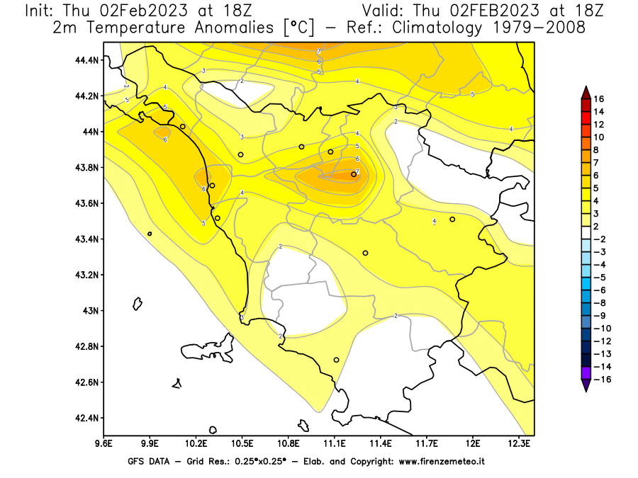 Mappa di analisi GFS - Anomalia Temperatura [°C] a 2 m in Toscana
							del 02/02/2023 18 <!--googleoff: index-->UTC<!--googleon: index-->