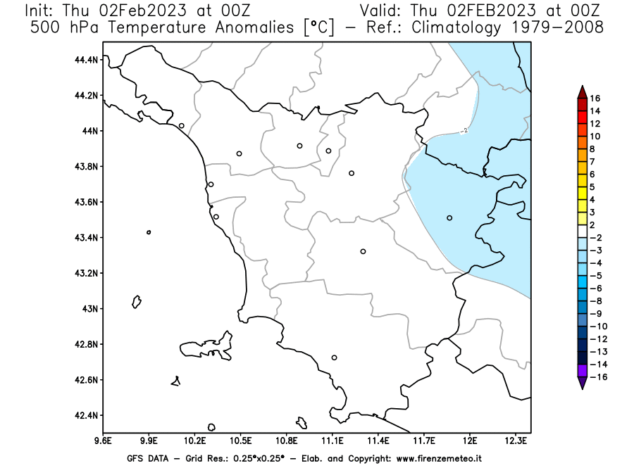 Mappa di analisi GFS - Anomalia Temperatura [°C] a 500 hPa in Toscana
							del 02/02/2023 00 <!--googleoff: index-->UTC<!--googleon: index-->