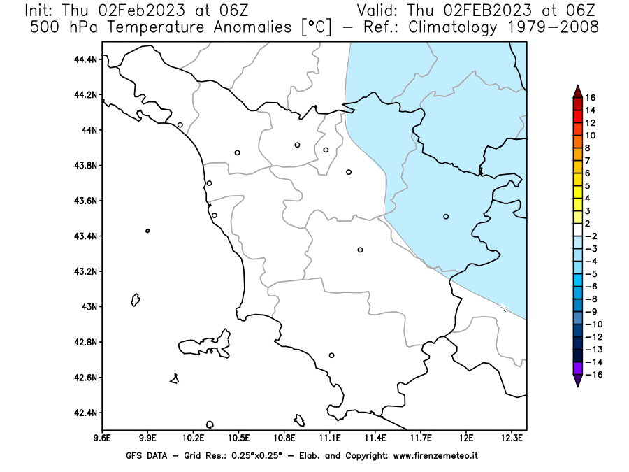 Mappa di analisi GFS - Anomalia Temperatura [°C] a 500 hPa in Toscana
							del 02/02/2023 06 <!--googleoff: index-->UTC<!--googleon: index-->