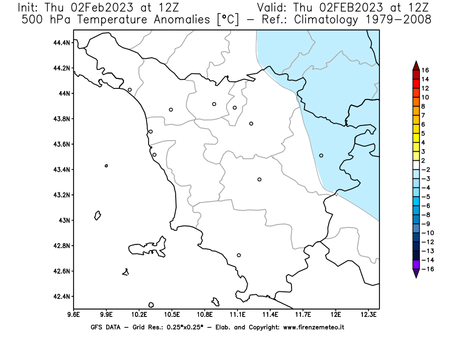 Mappa di analisi GFS - Anomalia Temperatura [°C] a 500 hPa in Toscana
							del 02/02/2023 12 <!--googleoff: index-->UTC<!--googleon: index-->