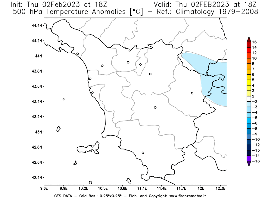 Mappa di analisi GFS - Anomalia Temperatura [°C] a 500 hPa in Toscana
							del 02/02/2023 18 <!--googleoff: index-->UTC<!--googleon: index-->