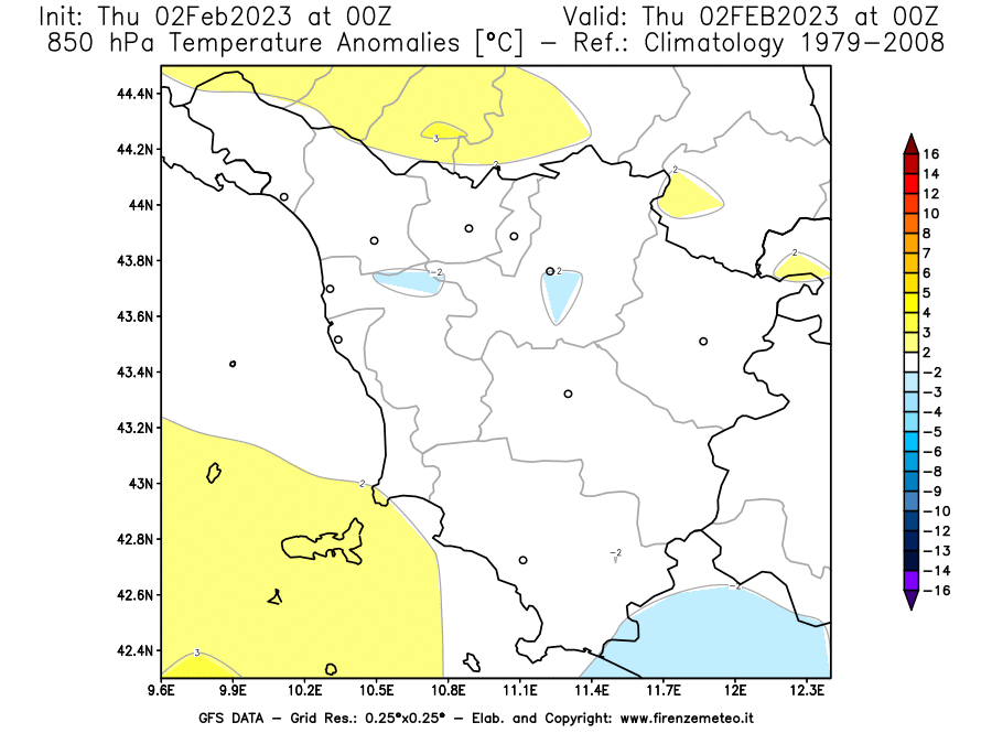 Mappa di analisi GFS - Anomalia Temperatura [°C] a 850 hPa in Toscana
							del 02/02/2023 00 <!--googleoff: index-->UTC<!--googleon: index-->