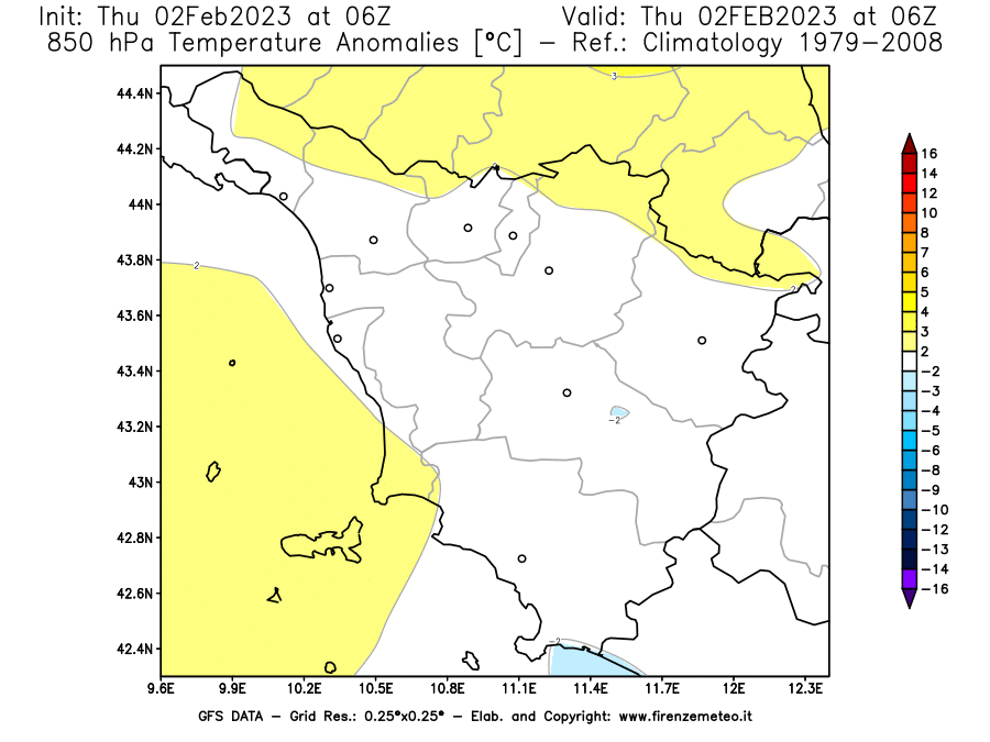 Mappa di analisi GFS - Anomalia Temperatura [°C] a 850 hPa in Toscana
							del 02/02/2023 06 <!--googleoff: index-->UTC<!--googleon: index-->