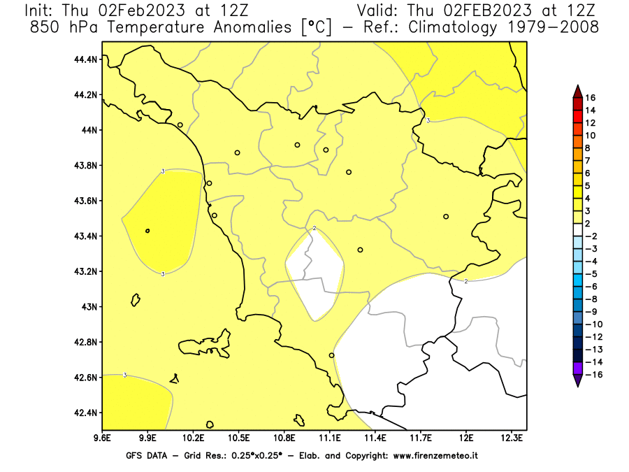 Mappa di analisi GFS - Anomalia Temperatura [°C] a 850 hPa in Toscana
							del 02/02/2023 12 <!--googleoff: index-->UTC<!--googleon: index-->