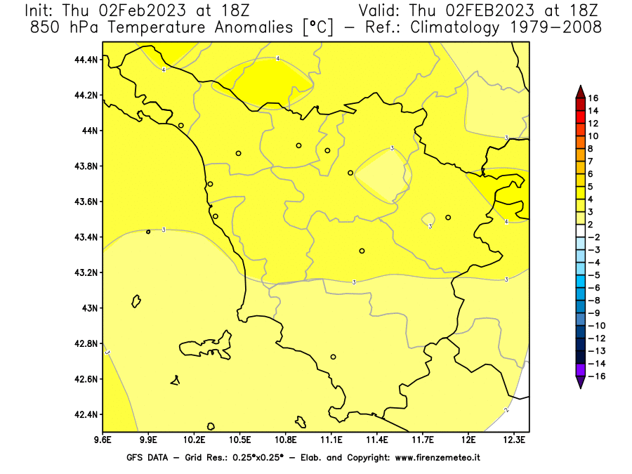 Mappa di analisi GFS - Anomalia Temperatura [°C] a 850 hPa in Toscana
							del 02/02/2023 18 <!--googleoff: index-->UTC<!--googleon: index-->