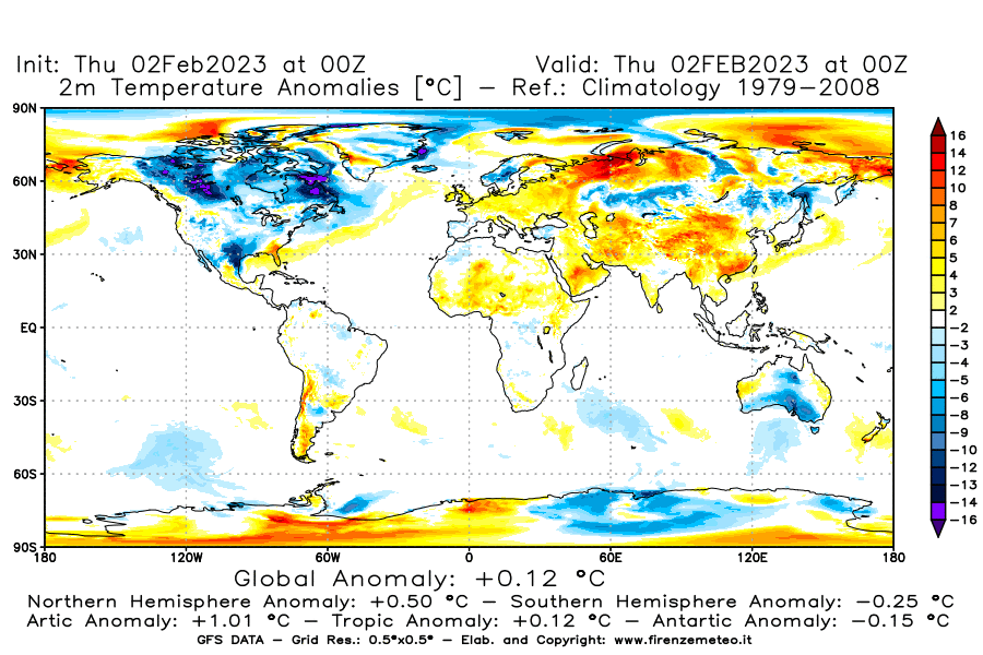 Mappa di analisi GFS - Anomalia Temperatura [°C] a 2 m in World
							del 02/02/2023 00 <!--googleoff: index-->UTC<!--googleon: index-->