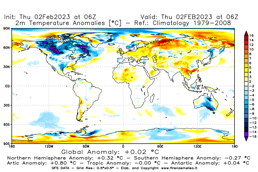 Mappa di analisi GFS - Anomalia Temperatura [°C] a 2 m in World
							del 02/02/2023 06 <!--googleoff: index-->UTC<!--googleon: index-->