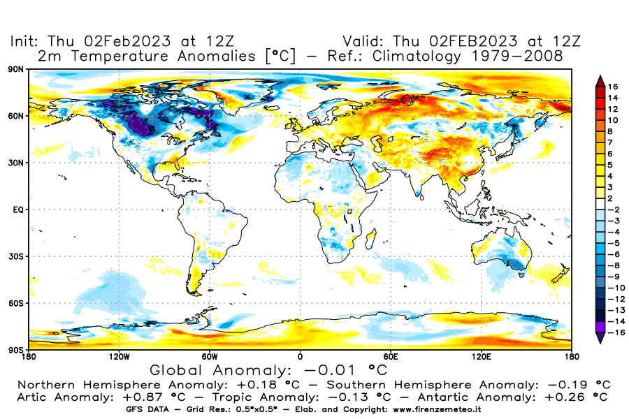 Mappa di analisi GFS - Anomalia Temperatura [°C] a 2 m in World
							del 02/02/2023 12 <!--googleoff: index-->UTC<!--googleon: index-->