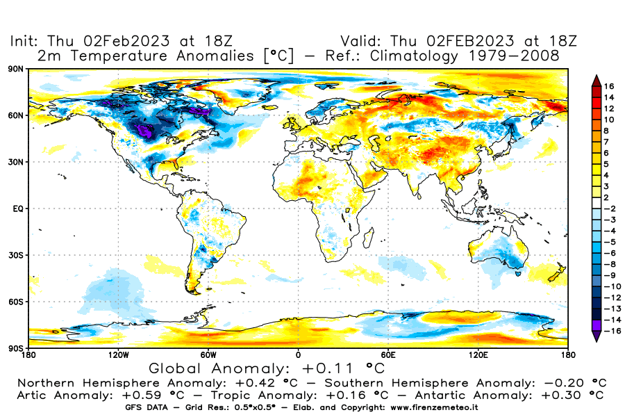 Mappa di analisi GFS - Anomalia Temperatura [°C] a 2 m in World
							del 02/02/2023 18 <!--googleoff: index-->UTC<!--googleon: index-->