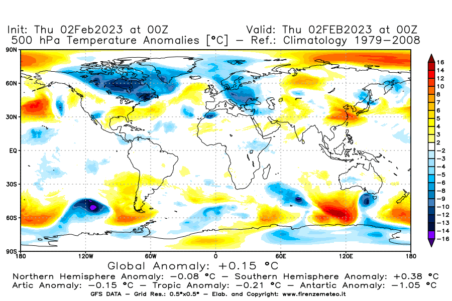 Mappa di analisi GFS - Anomalia Temperatura [°C] a 500 hPa in World
							del 02/02/2023 00 <!--googleoff: index-->UTC<!--googleon: index-->