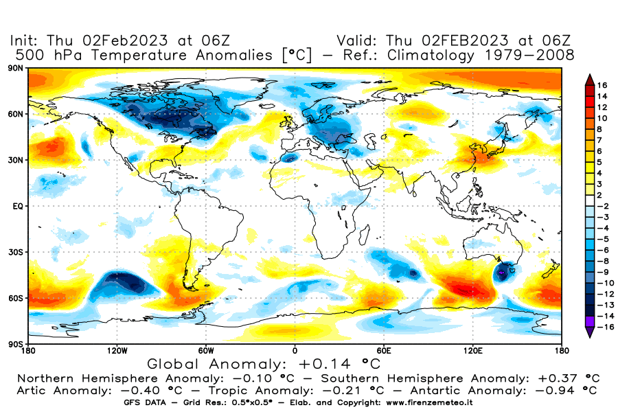 Mappa di analisi GFS - Anomalia Temperatura [°C] a 500 hPa in World
							del 02/02/2023 06 <!--googleoff: index-->UTC<!--googleon: index-->