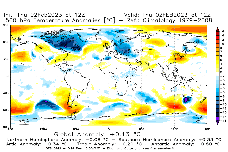 Mappa di analisi GFS - Anomalia Temperatura [°C] a 500 hPa in World
							del 02/02/2023 12 <!--googleoff: index-->UTC<!--googleon: index-->